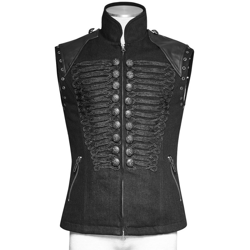 Men Steampunk Military Vest Black Sleeveless Gothic Army Officer Jacket Vest 